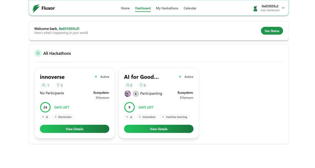 Fluxor platform dashboard showcasing hackathon management and AI features